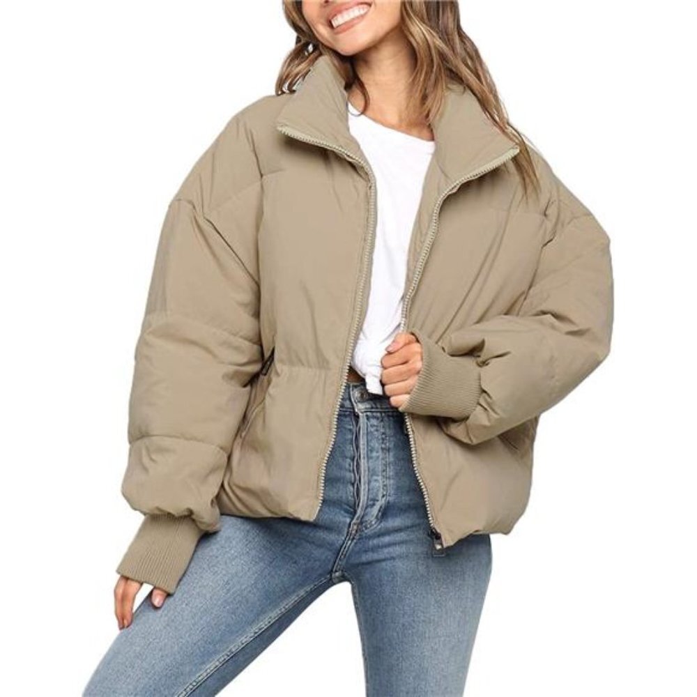 Women's Winter Long Sleeve Zip Puffer Jacket Pockets Baggy Short Down Coats